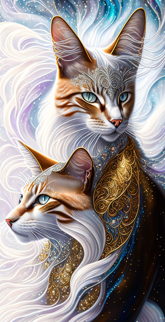 Stylized cats with intricate fur patterns on cosmic backdrop