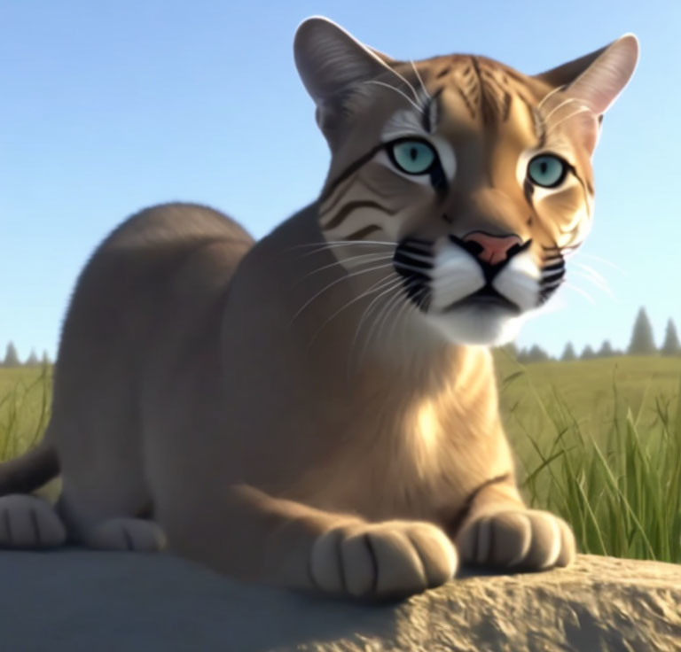 3D animated puma with piercing blue eyes in sunlit field