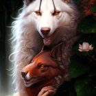 Majestic white unicorn and golden-horned fox in forest scene