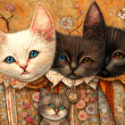 Colorful Psychedelic Cats with Expressive Eyes and Floral Motifs