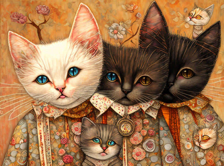 Five stylized cats in ornate period clothing amid flowering plants.