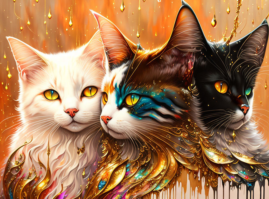 Three stylized fantastical cats with vibrant eyes and ornate golden detailing on amber backdrop.