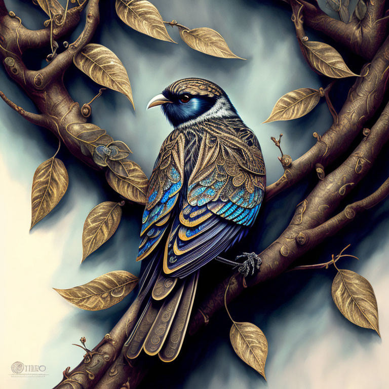 Detailed illustration: Majestic bird with vibrant blue feathers on twisting tree branches.