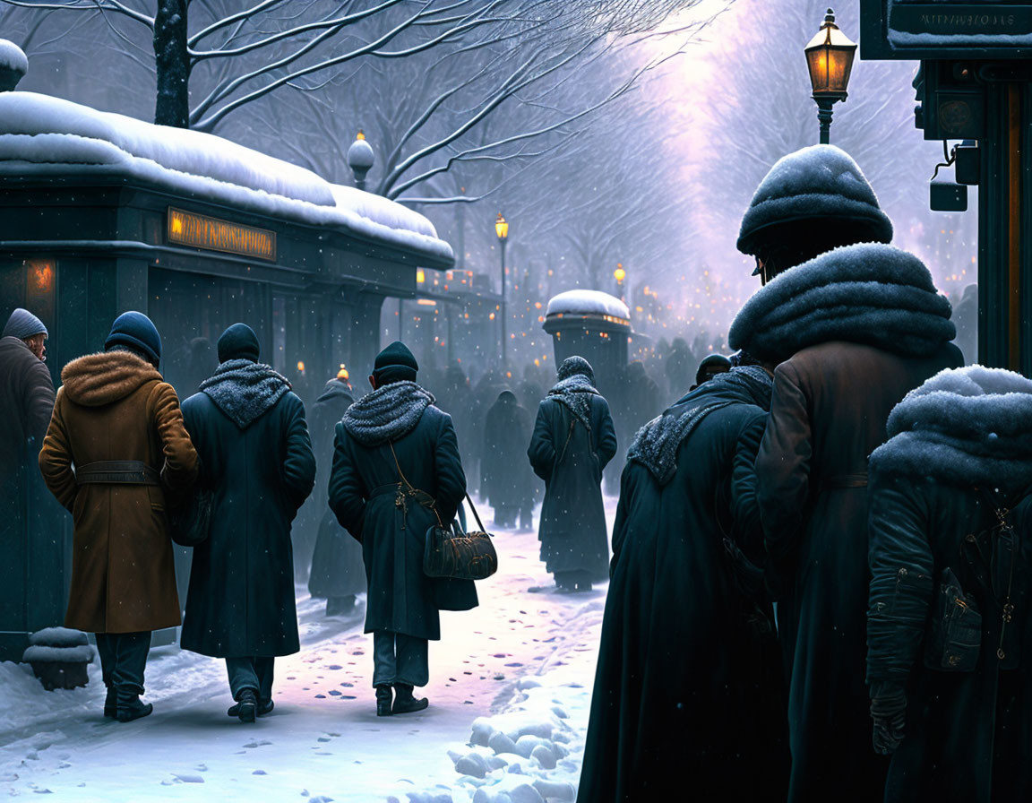 Group of people in winter clothing at snow-covered bus stop on tranquil snowy evening