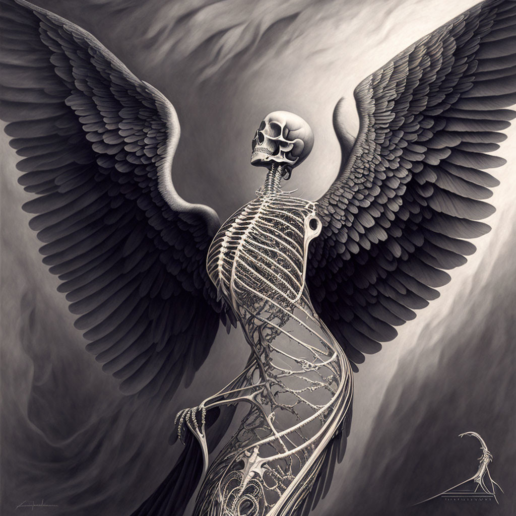 Detailed skeletal structure with human skull and large wings on gray backdrop