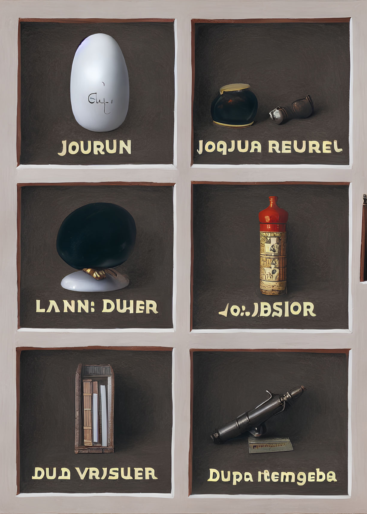 Six Peculiar Objects Displayed in Wooden Shadow Box with Indecipherable Labels