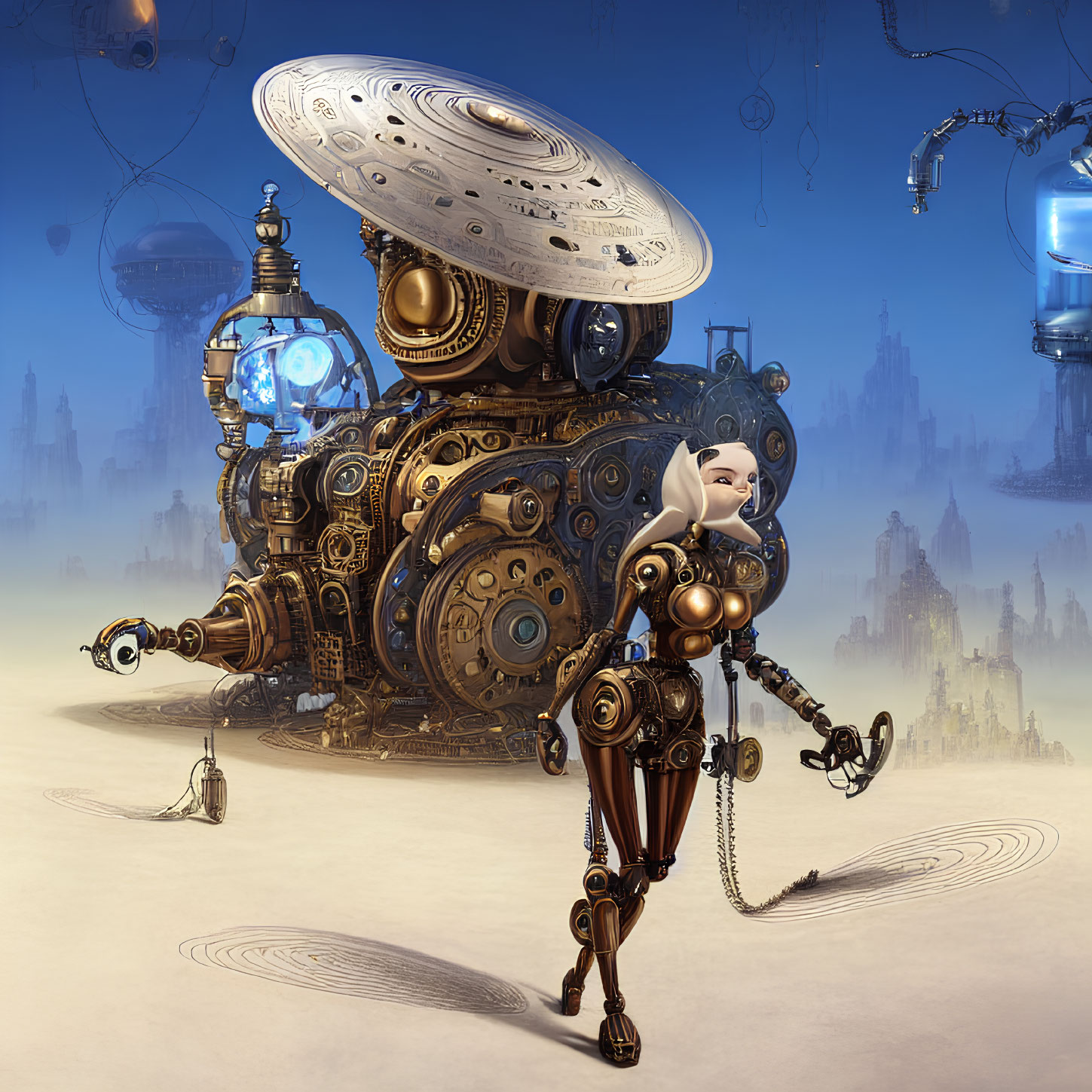 Steampunk robot standing in desert with futuristic structures