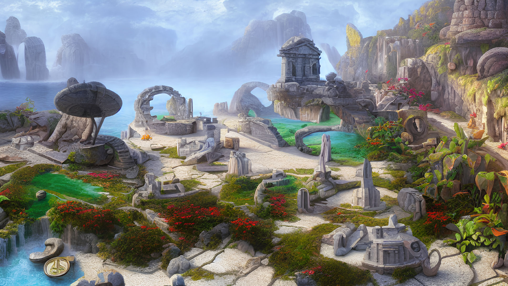 Mystical landscape with ancient ruins, vibrant flora, rock formations, and tranquil bay