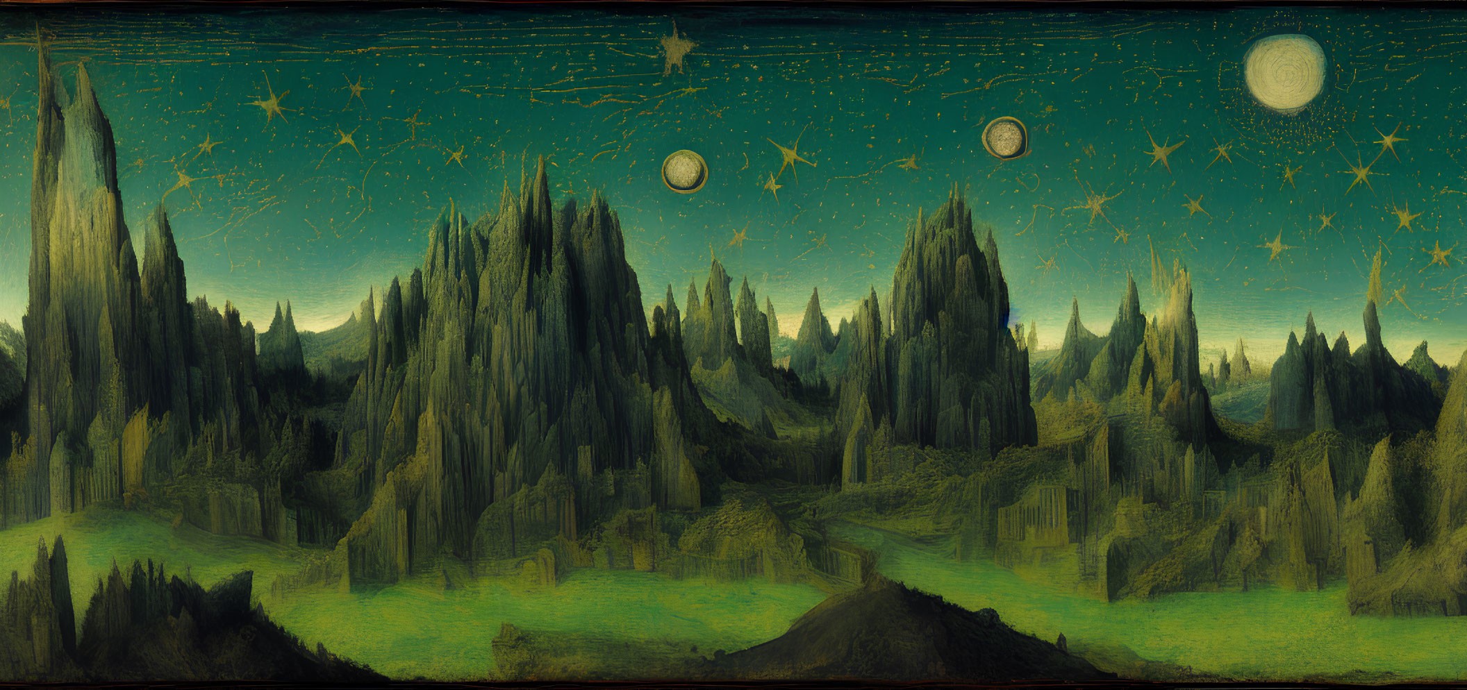 Mystical forest under two moons in starry night sky