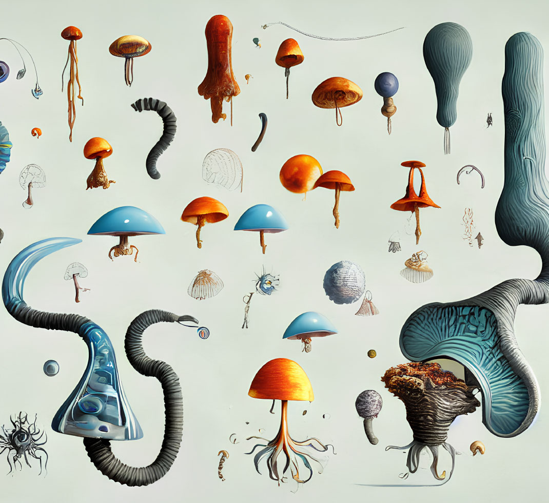 Diverse Stylized Mushrooms and Fantastical Fungi on Pale Background