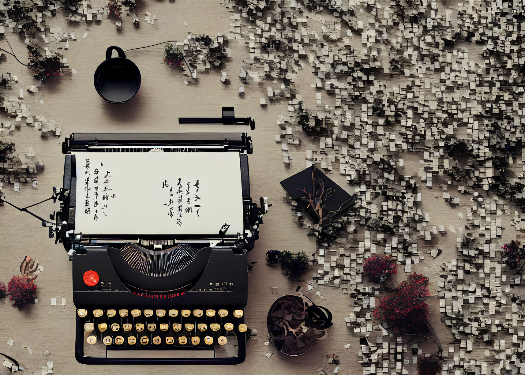 Vintage Typewriter with Asian Characters, Puzzle Pieces, Cup, and Trees on Beige Background