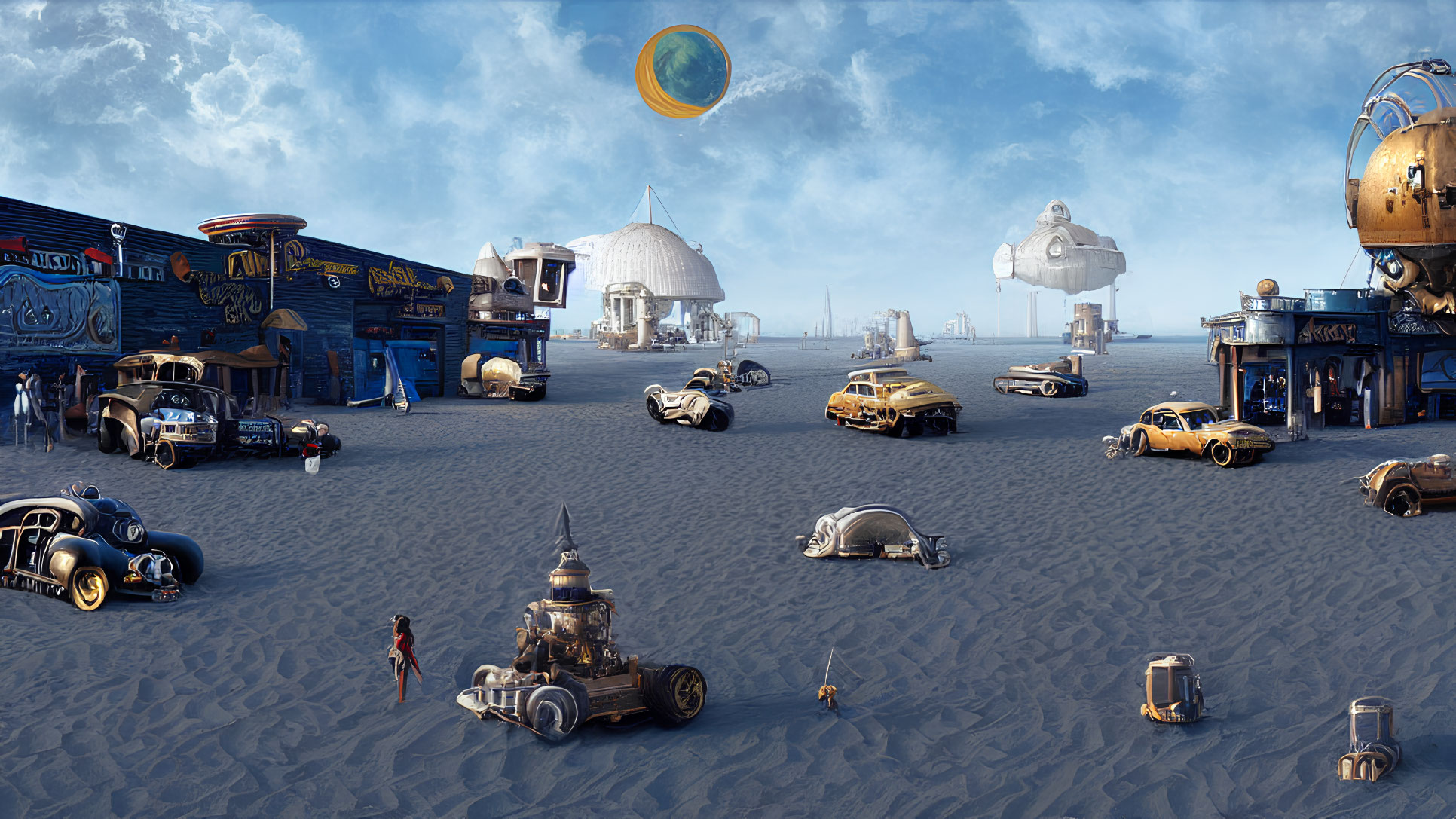 Futuristic desert landscape with retro vehicles, ringed planet, and lone figure