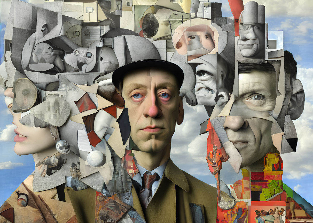 Fragmented Faces and Objects Collage Against Cloudy Sky