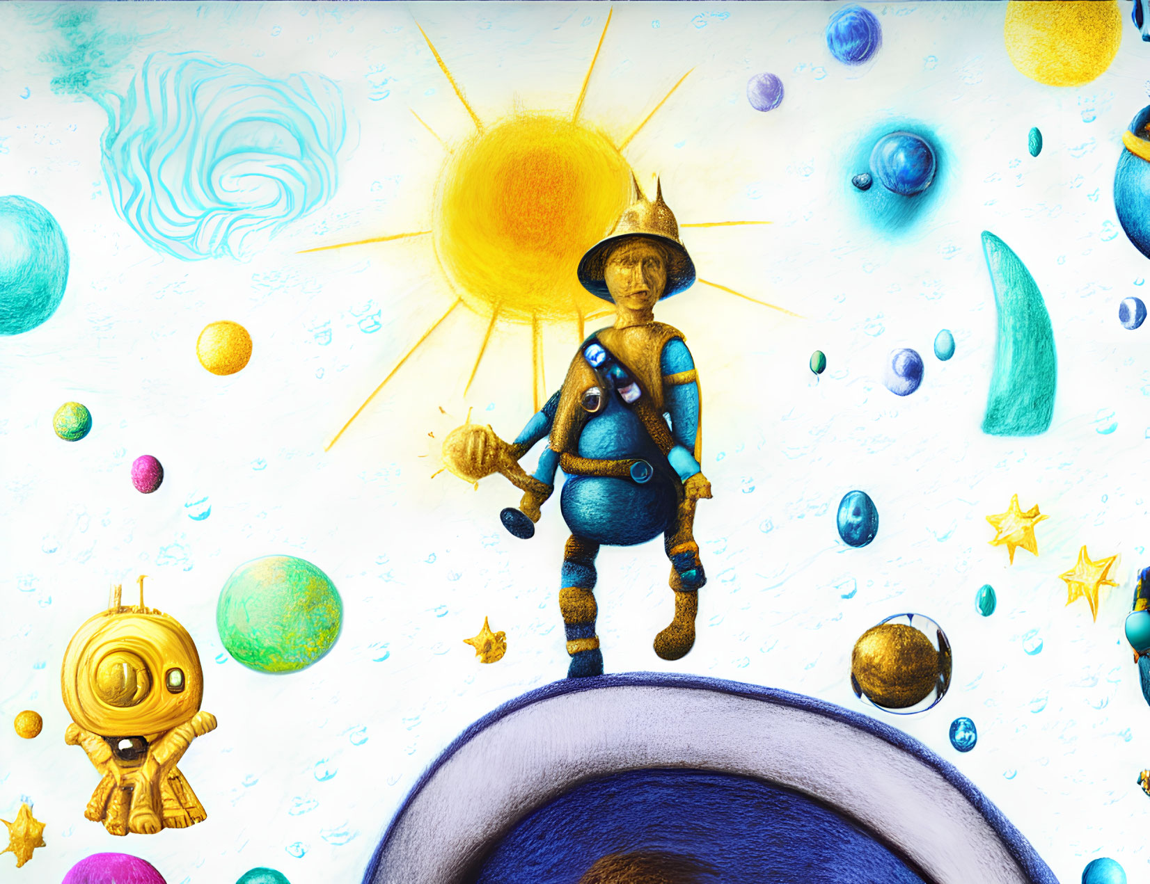 Colorful space illustration with astronaut, planets, stars, sun, and golden robot