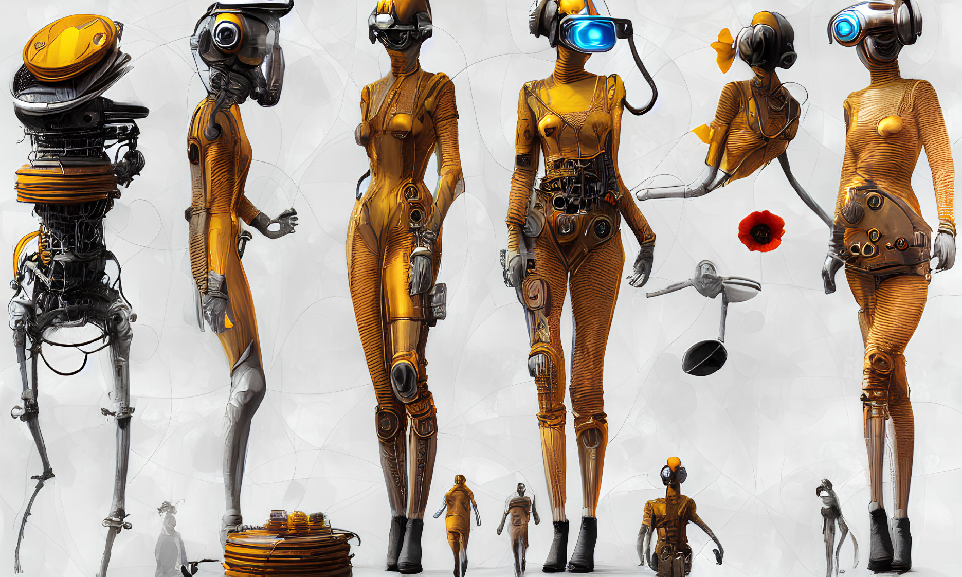 Futuristic robotic figures collage in orange and black, diverse designs, from skeletal to armored with vis