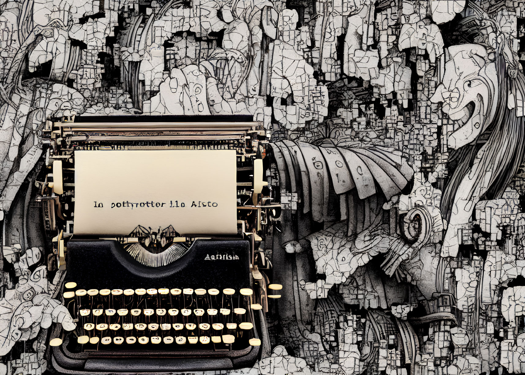 Detailed black and white hand-drawn backdrop with vintage typewriter and mysterious message.