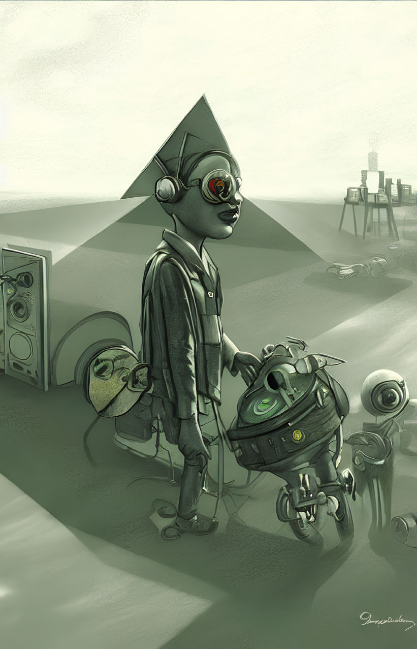 Illustration of person with pyramid head and goggles walking robotic dog in futuristic landscape