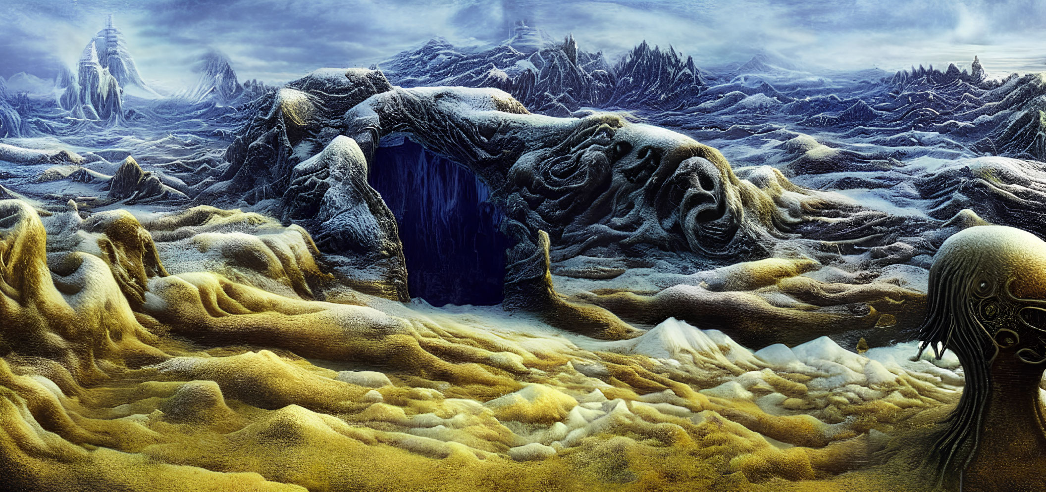 Alien landscape with blue cave entrance and mysterious figure