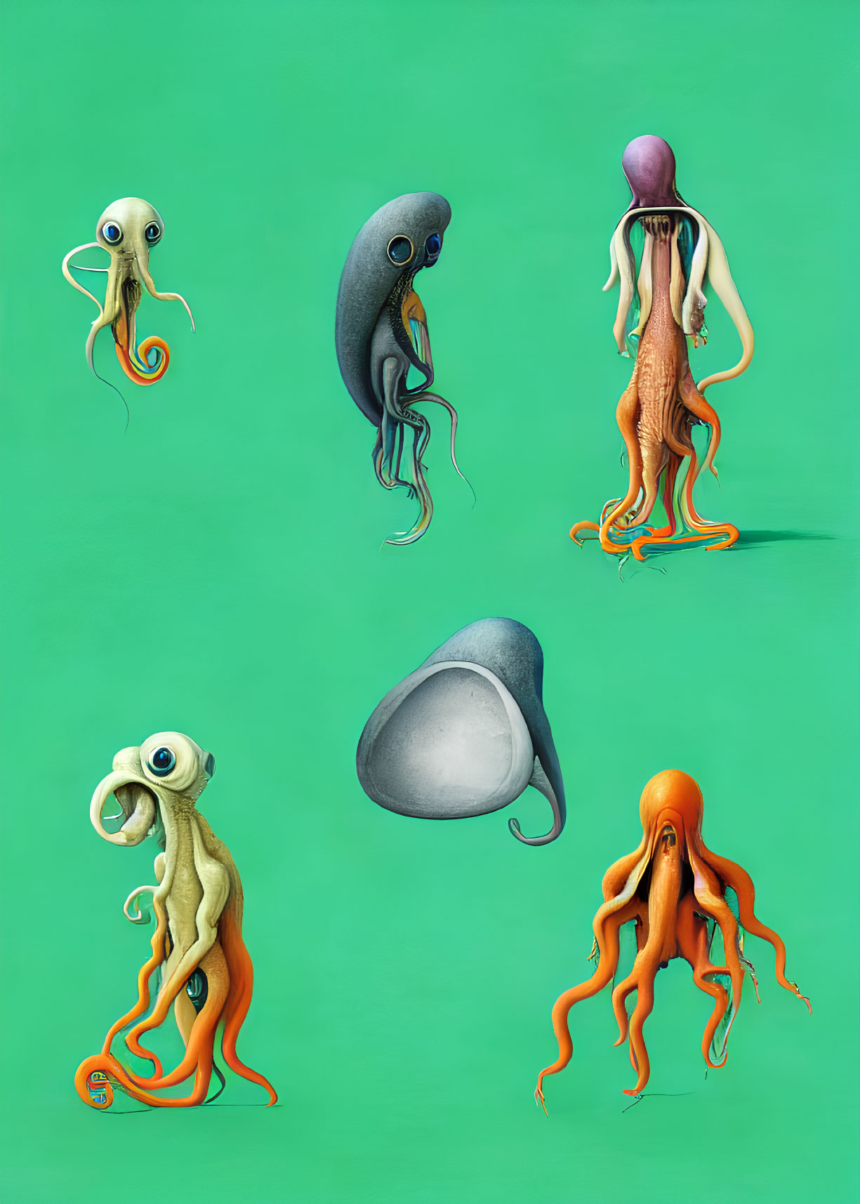 Six colorful cartoon octopuses with unique features on green background.