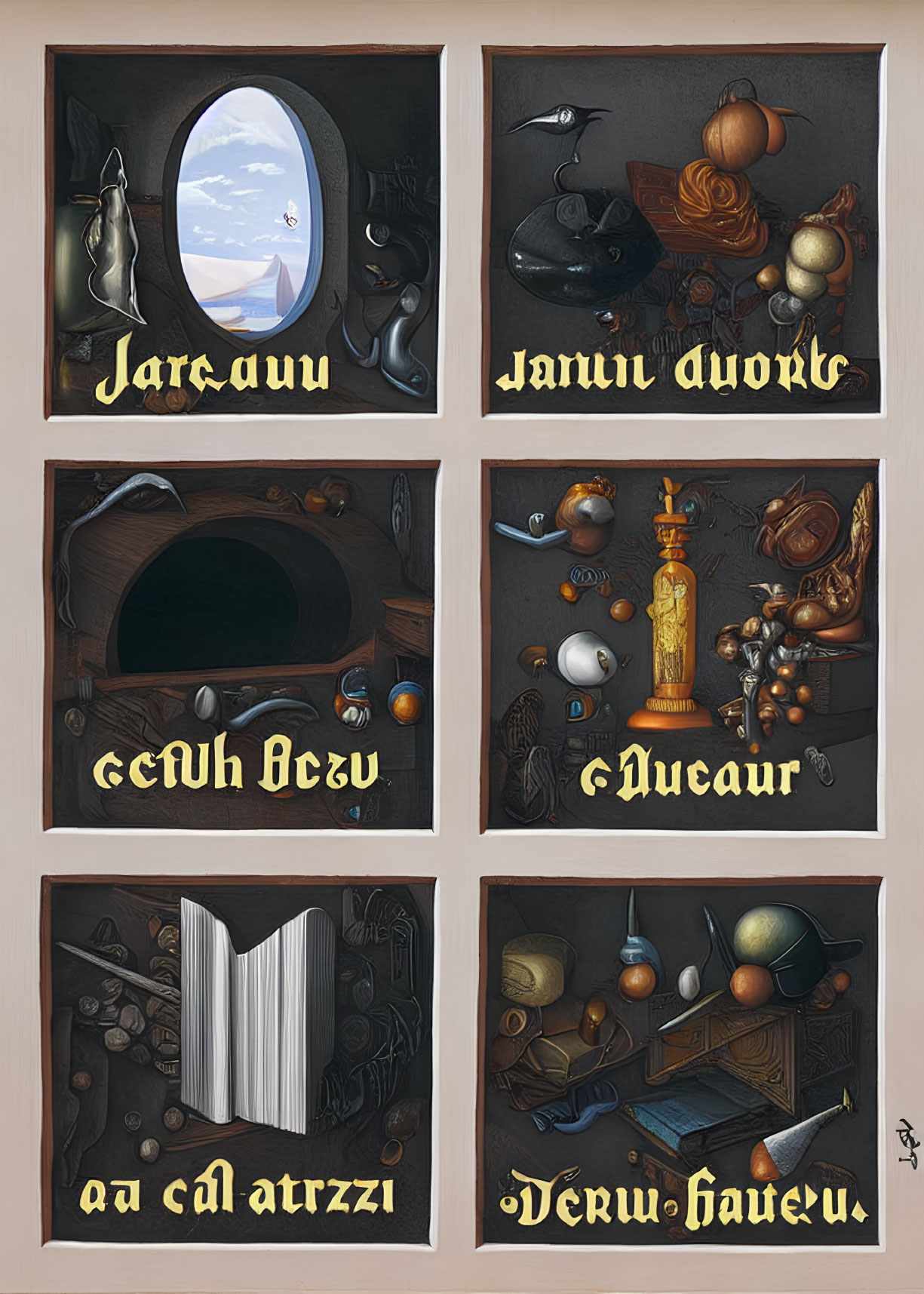 Eight surreal and whimsical framed images of fruits, space window, book, and chess pieces with unread