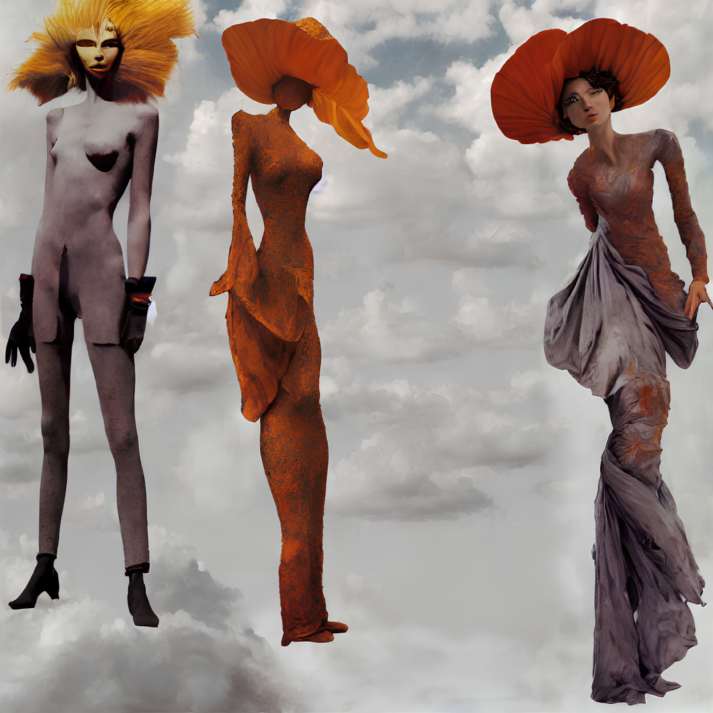 Stylized female figures with exaggerated features and dramatic hairstyles on cloudy background