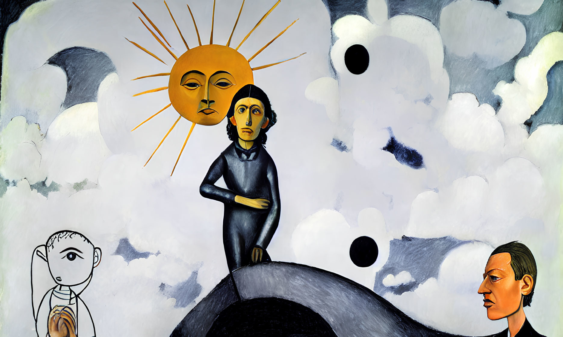 Surrealist artwork with sun, cloud eyes, human figures, and child sketch