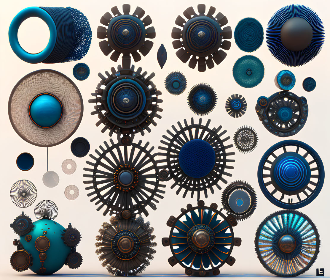 Detailed Mechanical Designs in Blue and Bronze on Light Background