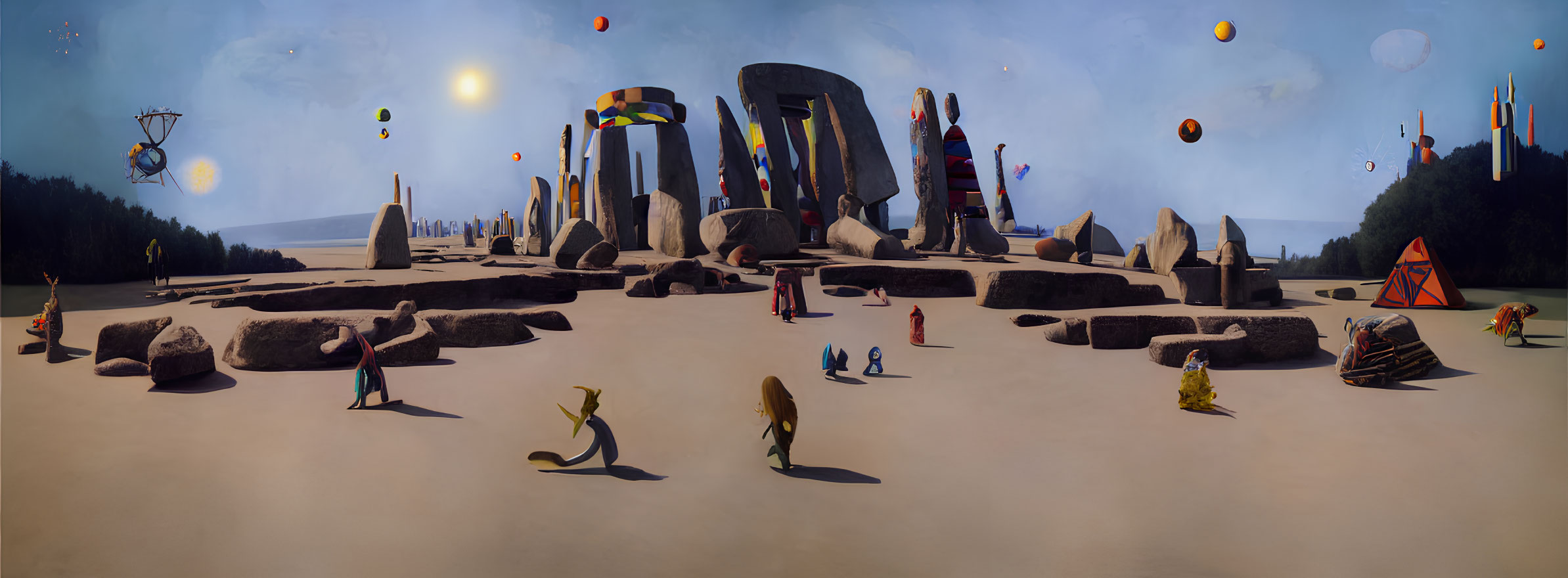 Surreal panorama featuring Stonehenge-like structures, floating objects, colorful kites, whimsical