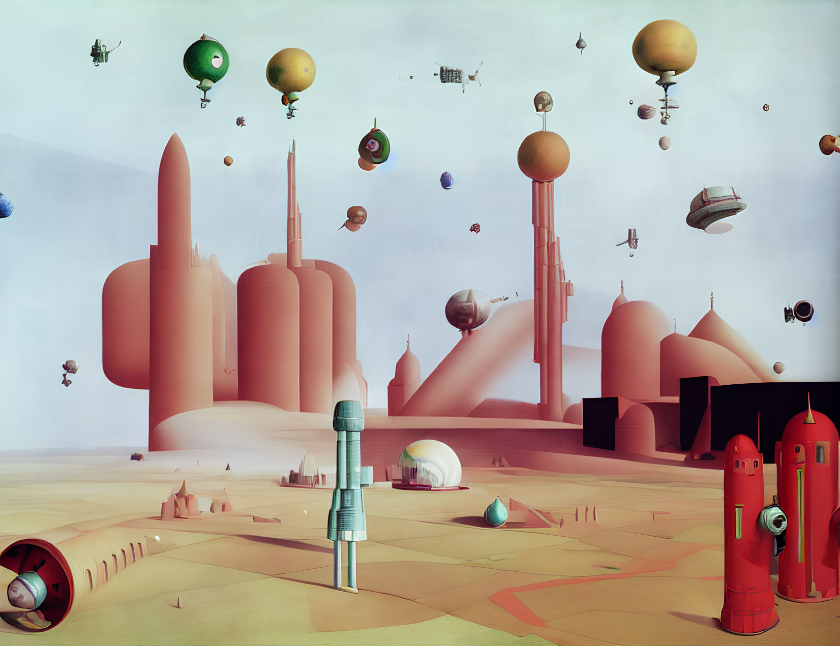 Futuristic cityscape with rounded buildings and flying drones in pastel sky