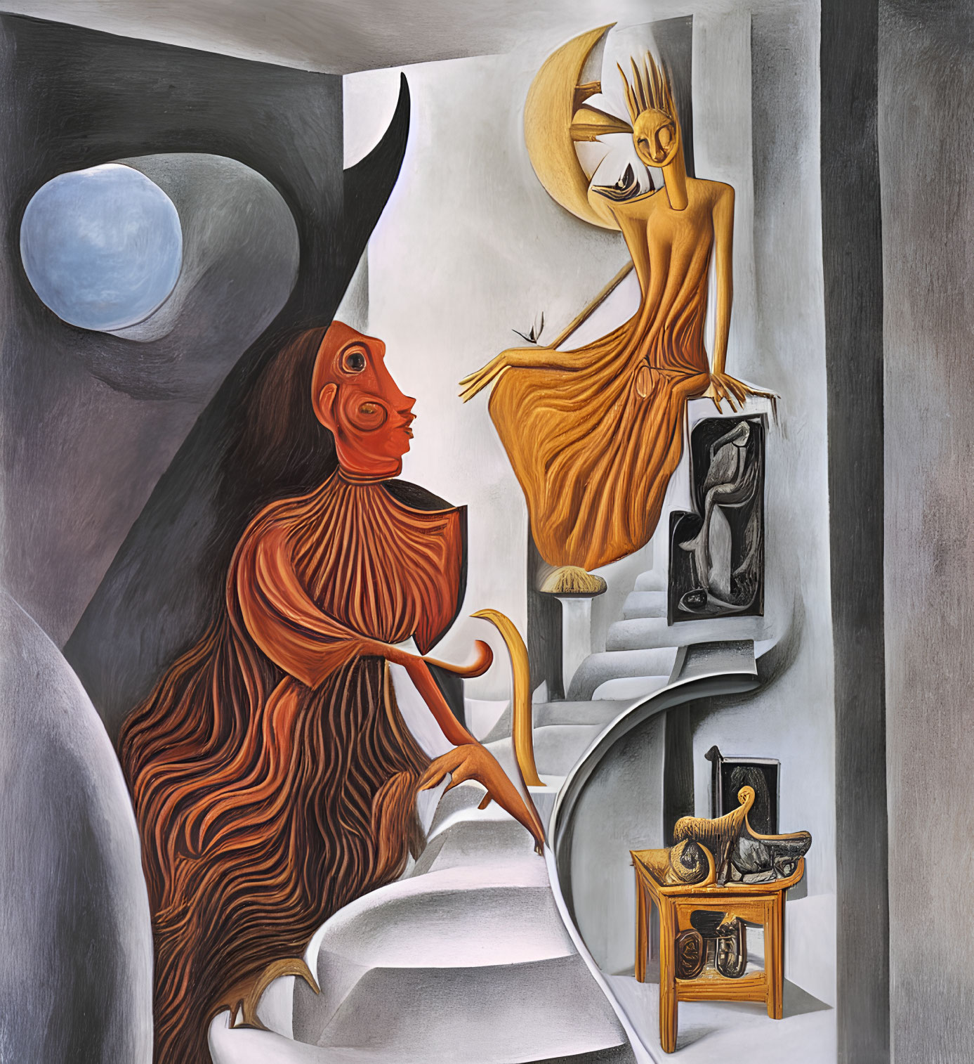 Surreal painting featuring monkey, crescent moon figure, and abstract architecture