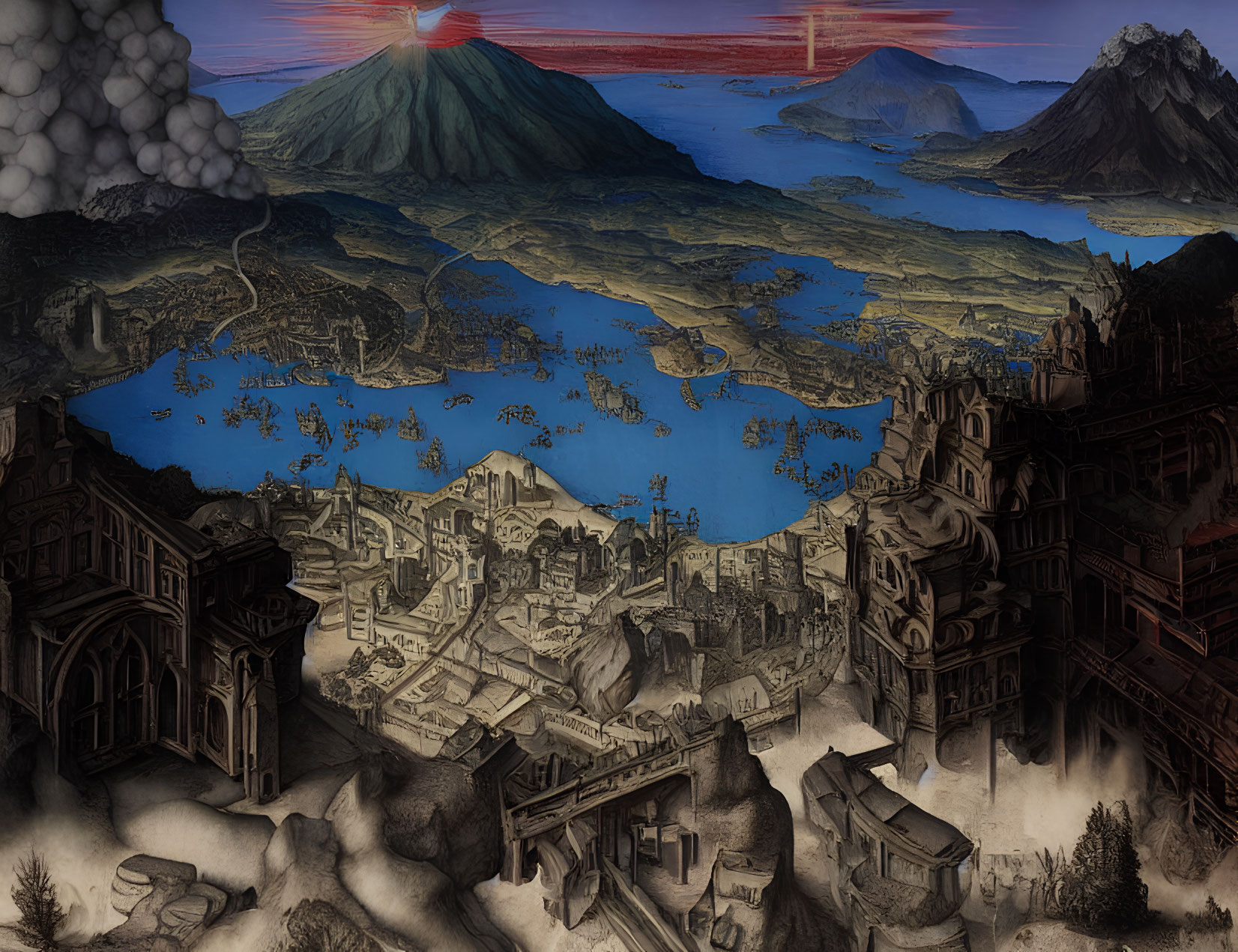 Detailed mythical landscape with city, mountains, erupting volcano, red sky