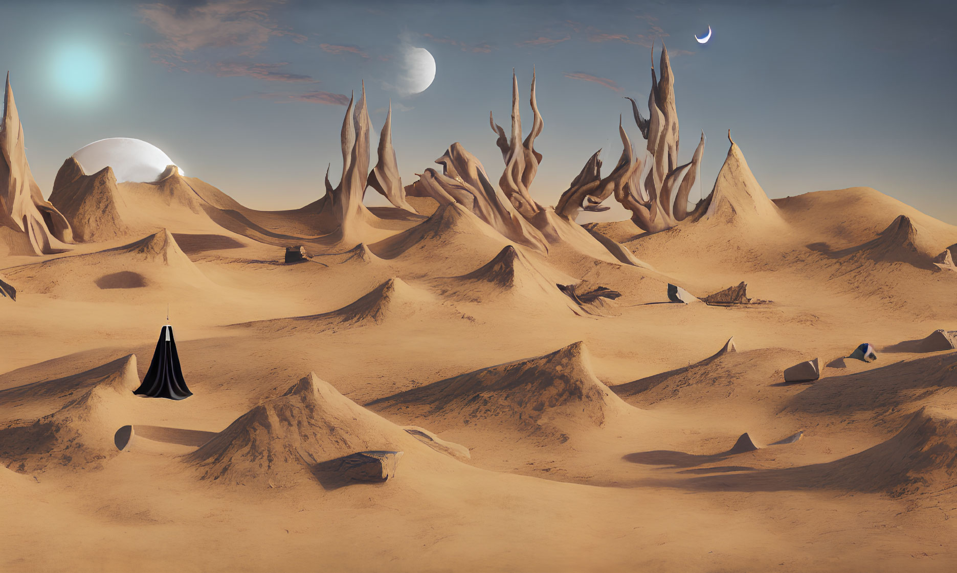 Surreal desert landscape with multiple moons and cloaked figure