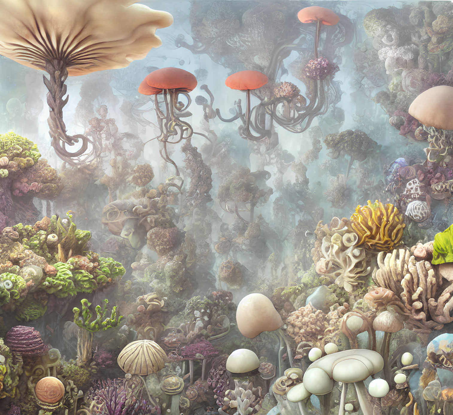 Diverse Mushroom-like Organisms in Underwater Coral Scene