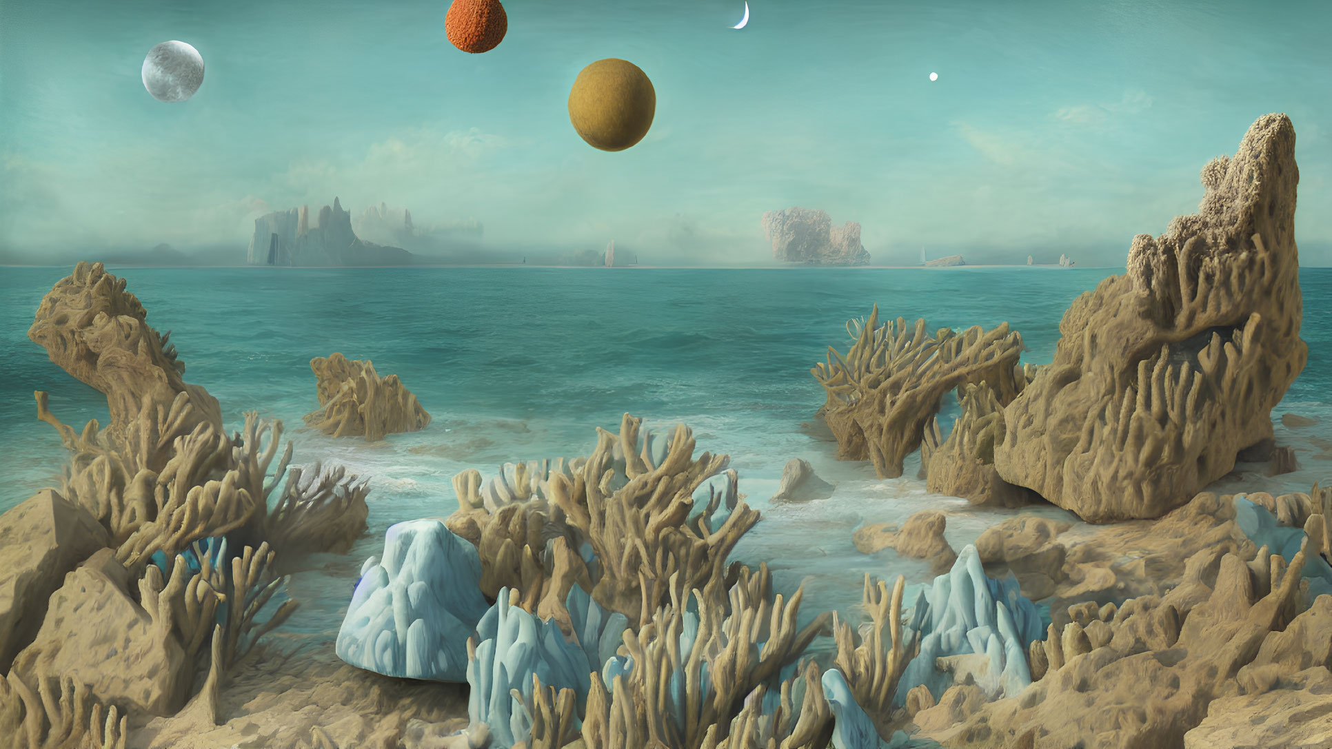 Surreal landscape with coral formations, moons, and ocean views