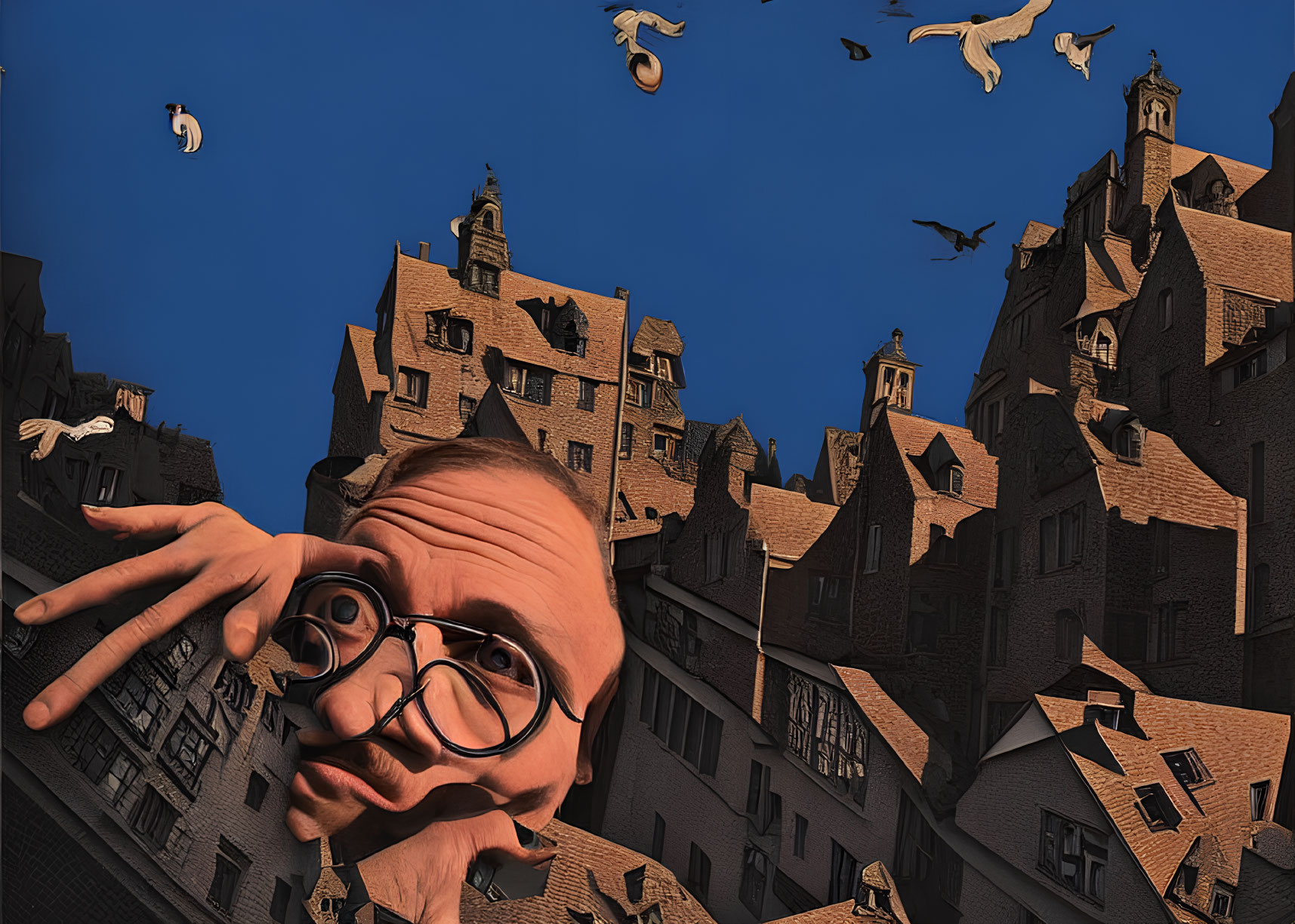 Giant Caricatured Man Among European Buildings and Flying Birds