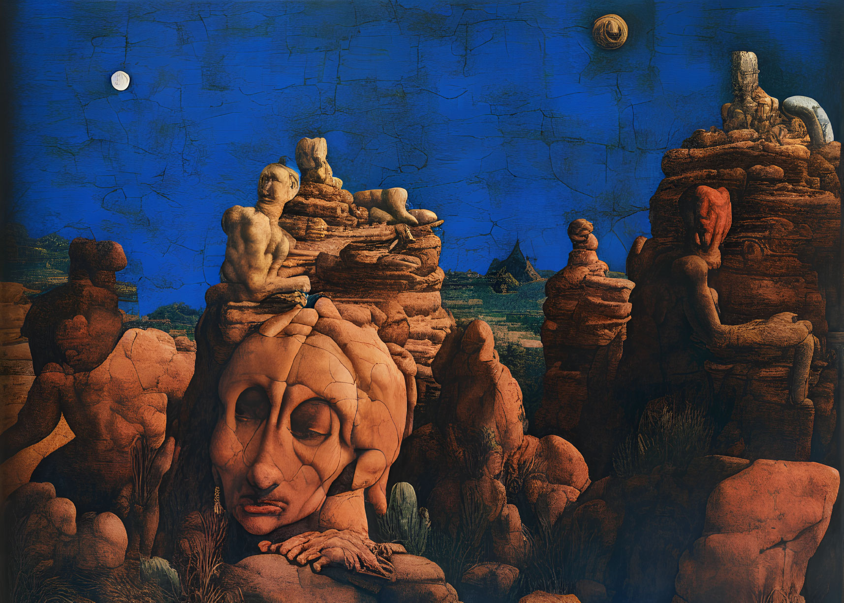 Surreal red rock formations with giant face, small figures, cracked blue sky