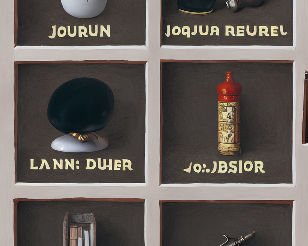 Six Peculiar Objects Displayed in Wooden Shadow Box with Indecipherable Labels