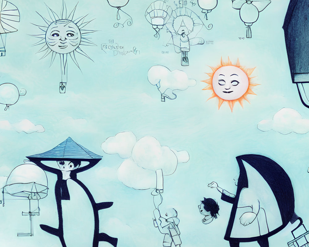 Whimsical anthropomorphic suns and playful characters under a blue sky