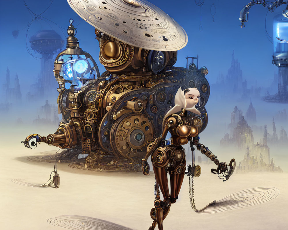 Steampunk robot standing in desert with futuristic structures