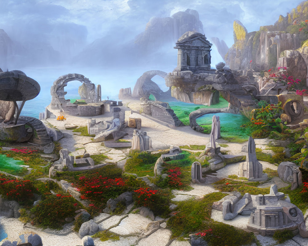 Mystical landscape with ancient ruins, vibrant flora, rock formations, and tranquil bay