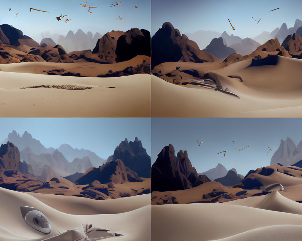 Desert landscape with sand dunes, mountains, and birds under blue sky