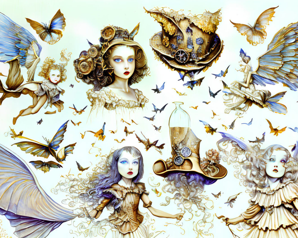 Fantasy Artwork: Angelic Figures, Women in Ornate Attire, Mechanical Wings, Ste