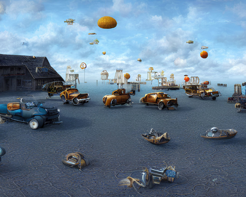 Whimsical vintage town square with flying boats and old-fashioned vehicles