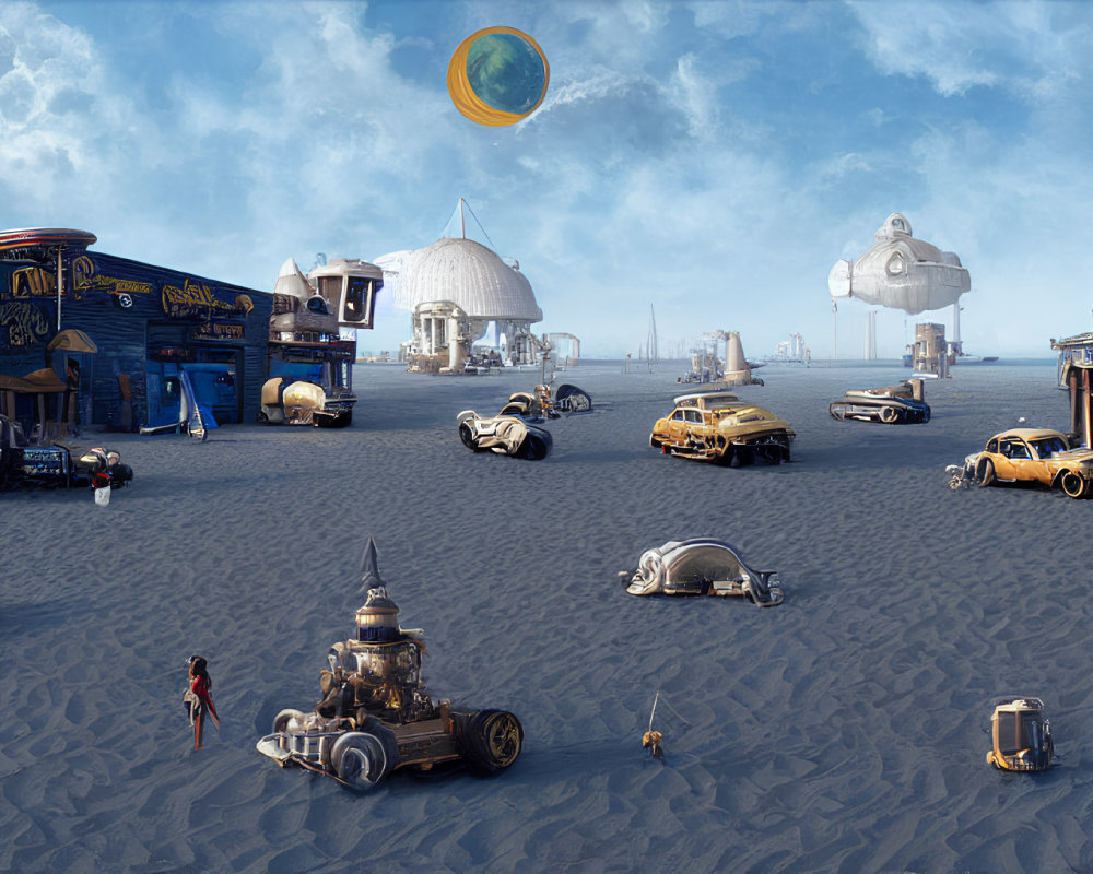 Futuristic desert landscape with retro vehicles, ringed planet, and lone figure