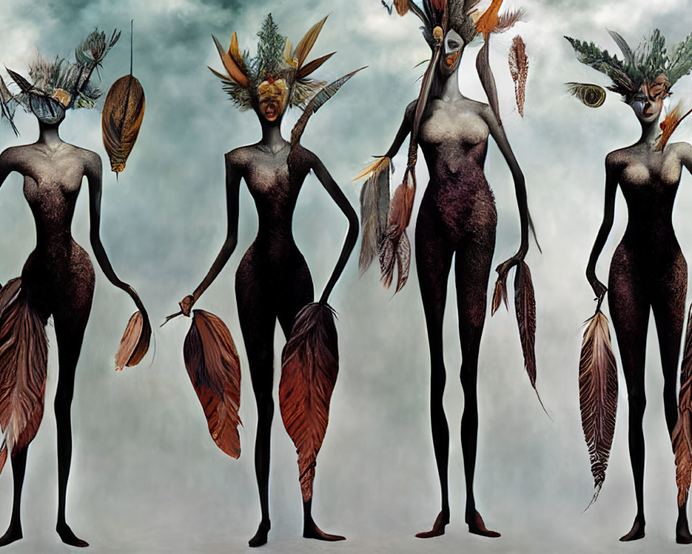 Seven bird-like figures in feathered attire on neutral backdrop