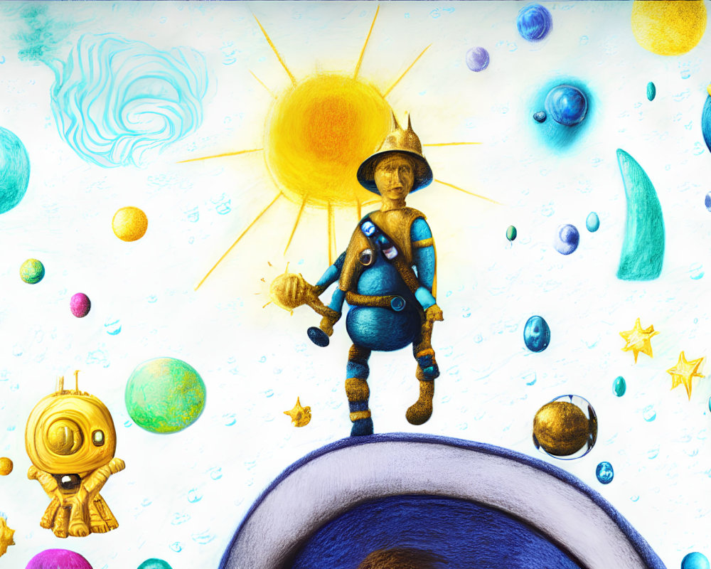 Colorful space illustration with astronaut, planets, stars, sun, and golden robot