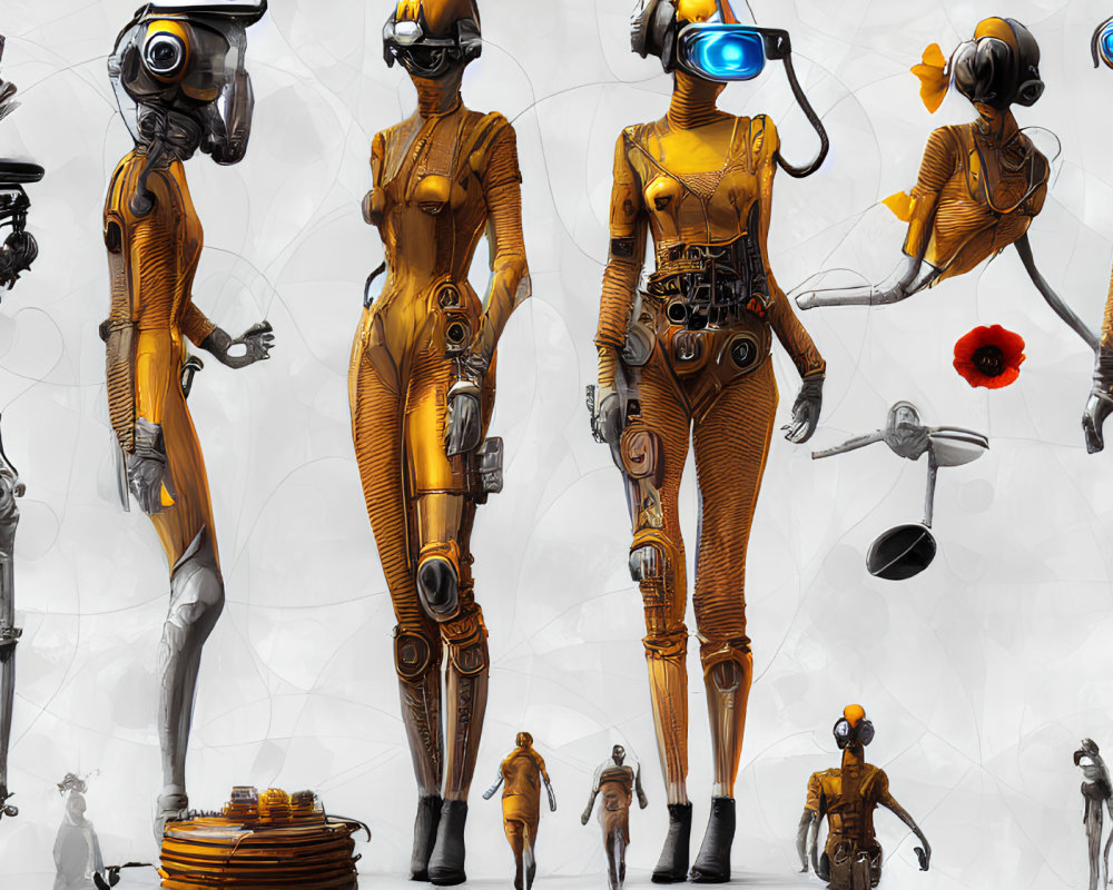 Futuristic robotic figures collage in orange and black, diverse designs, from skeletal to armored with vis