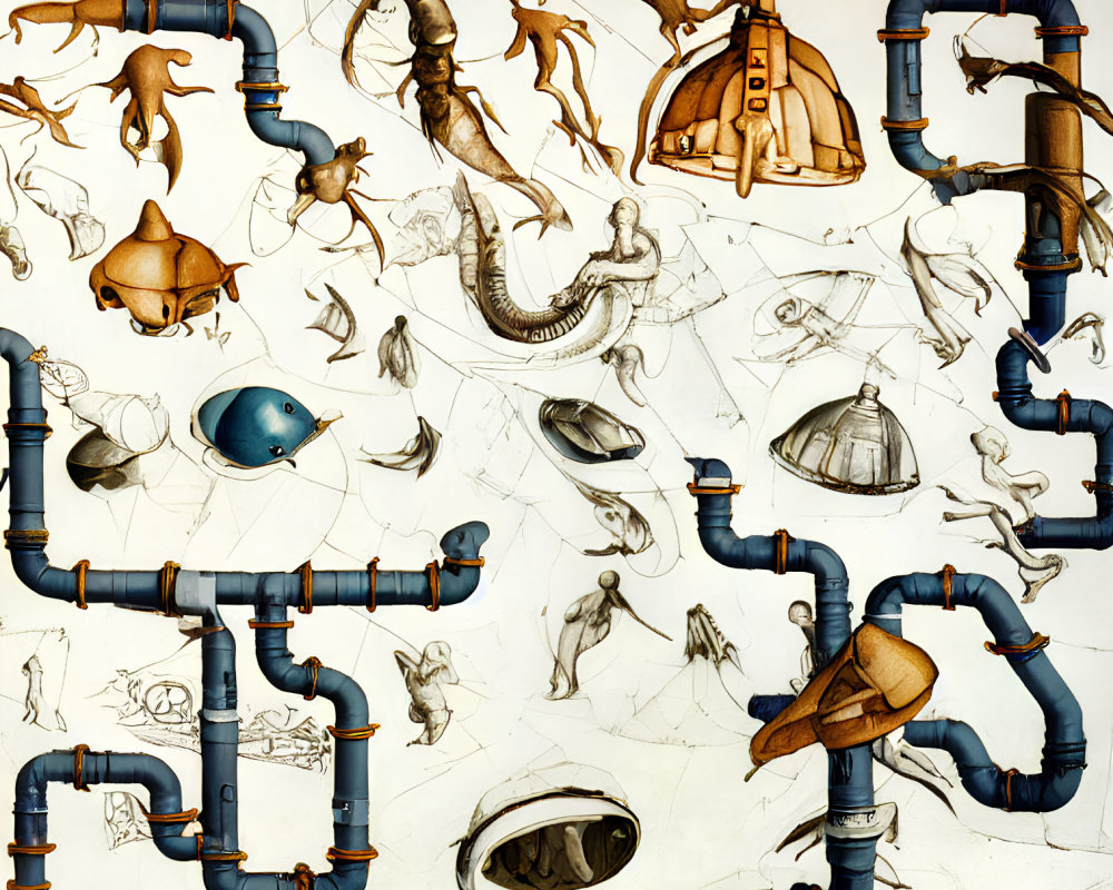 Surreal marine life, pipes, and architecture on parchment background