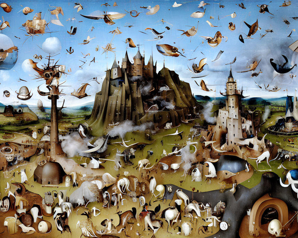 Surreal floating ships, animals, and objects around a castle on a grassy hill