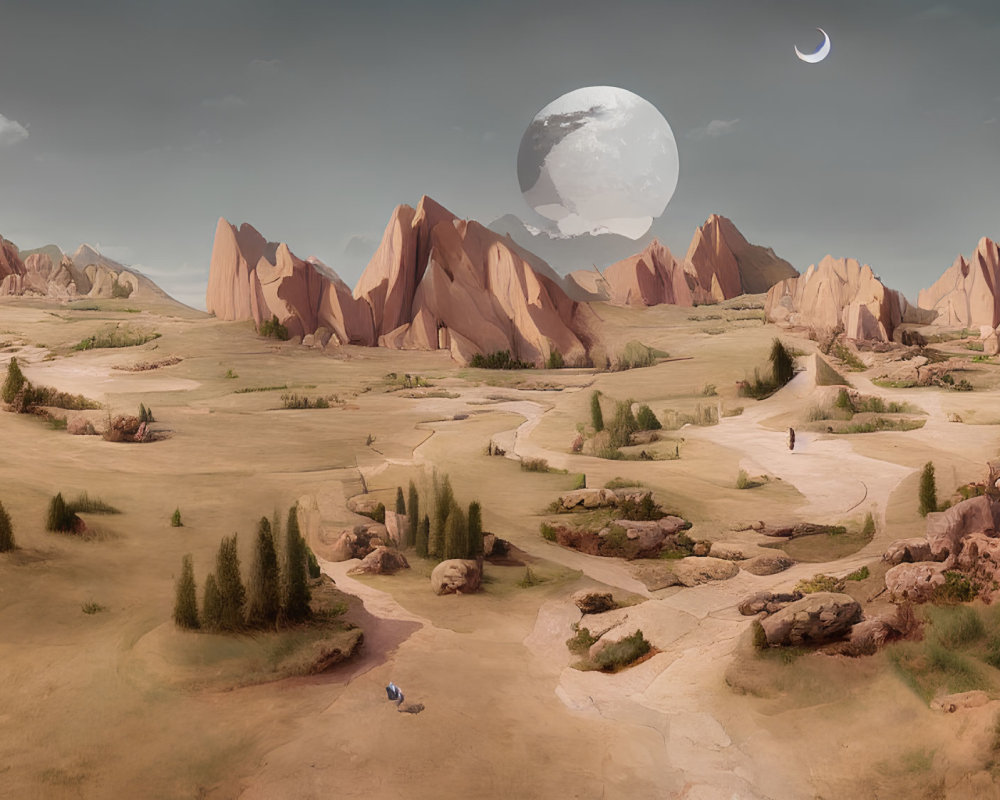 Desert landscape with rocky formations, greenery, paths, and oversized moon.